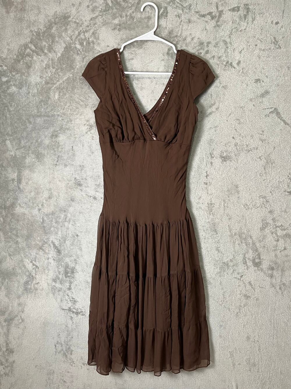 Vintage Y2K Babydoll Silk Chiffon Sequin Brown Midi Dress Small‎ Earth Fairy New
